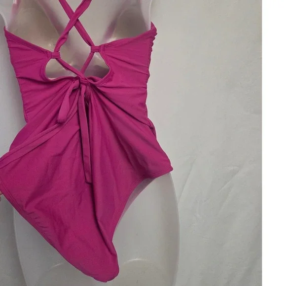 Kona Sol Womens Pink Crochet Trim V-Neck One Piece Swimsuit XL Halter Tie Back - Picture 2 of 7